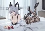  1girl absurdres ahoge bare_shoulders black_choker black_horns black_panties black_tail breasts choker cleavage closed_mouth collarbone commentary curled_horns demon_tail grey_hair hair_between_eyes high_heels highres hooked_on_heel horns indoors lace_pantyhose_hooked_on_heel_(meme) large_breasts llami_0 long_hair looking_at_viewer lying meme mole mole_under_eye no_pants off_shoulder on_bed on_stomach panties panties_under_pantyhose pantyhose red_eyes shirt solo tail the_pose underwear white_shirt window wuthering_waves zani_(wuthering_waves) 