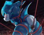  2023 5_fingers anal anthro bandai_namco bdsm blue_arms blue_body blue_butt blue_tail blush bodily_fluids bondage bound bruised butt digimon digimon_(species) fingers hands_behind_back raised_tail red_rope restraints rope rope_bondage shoru solo sweat tail teeth veemon wet wet_body 