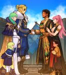  3boys 3girls aged_up ascot beard black_boots blonde_hair blue_coat blue_eyes blue_flag boots breasts brown_hair child claude_von_riegan claude_von_riegan_(distant_deer) claude_von_riegan_(timeskip) cleavage closed_eyes closed_mouth coat commentary cosplay dark-skinned_male dark_skin day dimitri_alexandre_blaiddyd dimitri_alexandre_blaiddyd_(stargazing_lion) dimitri_alexandre_blaiddyd_(timeskip) dress earrings english_commentary eyepatch facial_hair facing_another father_and_daughter father_and_son female_byleth_(awakened)_(fire_emblem) female_byleth_(fire_emblem) fire_emblem fire_emblem:_three_houses flag from_side fur-trimmed_coat fur_trim gloves green_eyes green_hair hand_on_own_stomach handshake highres hilda_valentine_goneril hilda_valentine_goneril_(timeskip) husband_and_wife if_they_mated jewelry long_hair looking_at_another medium_breasts medium_hair mother_and_daughter mother_and_son multiple_boys multiple_girls own_hands_together palms_together pink_eyes pink_hair pregnant rhea_(fire_emblem) rhea_(fire_emblem)_(cosplay) ring sethkiel smile standing waving wedding_ring white_ascot white_dress white_gloves 