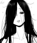  1girl absurdres bare_shoulders collarbone commentary english_commentary hair_over_one_eye half-closed_eyes highres loose_hair_strand lughost parted_lips portrait scar scar_on_cheek scar_on_face scar_on_mouth simple_background sleepy solo squeans the_ring white_background yamamura_sadako 