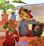 anthro barefoot baseball_cap belt bottomwear bracelet brown_body brown_fur building cheek_tuft claws clothing collar denim denim_bottomwear denim_clothing detailed_background digital_drawing_(artwork) digital_media_(artwork) duo eyebrows eyes_closed facial_markings facial_tuft feet felid feline female finger_claws freckled_face freckles fur green_eyes hat head_markings head_tuft headgear headwear hoodie jacket jeans jewelry lagomorph leaning leaning_backward leporid long_ears long_sleeve_shirt looking_at_another mammal markings on_wall open_mouth paddy_(ruffu) pants paws pepper_(ruffu) plantigrade pointy_ears pupils rabbit raised_eyebrow ruffu scarf shirt sitting skirt slit_pupils striped_markings stripes tied_ears topwear torn_bottomwear torn_clothing torn_jeans torn_pants tuft