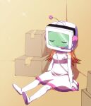  1girl alt_(pop&#039;n_music) antennae bag box breasts brown_hair closed_eyes dress elbow_gloves eyelashes gloves headphones headset long_dress long_hair m_no_hito medium_breasts mouse_(computer) object_head pop&#039;n_music robot robot_girl sitting sleeping smile solo white_dress white_footwear white_gloves 