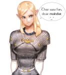  1girl absurdres armor blonde_hair blue_eyes breasts chainmail closed_mouth freckles highres large_breasts long_hair looking_at_viewer original pointy_ears simple_background smile solo upper_body wassnonnam white_background 