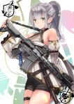  1boy ar-15 choker cowboy_shot detached_sleeves green_eyes gun highres holding holding_gun holding_weapon knife long_hair original ponytail rifle short_shorts shorts skindentation sling snowflake_choker solo thick_thighs thighs utsucan1911 weapon 