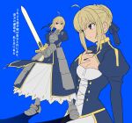  1girl ahoge armor armored_dress artoria_pendragon_(fate) betti_(xx_betti) blonde_hair braid braided_bun bun_with_braided_base dress excalibur_(fate/stay_night) fate/stay_night fate_(series) faulds gauntlets green_eyes hair_bun highres saber_(fate) solo 