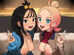  2girls :d black_eyes black_hair blonde_hair blue_eyes blue_jacket bracelet breasts brown_coat check_translation clothes_lift coat commentary_request cube_hair_ornament gradient_hair hair_ornament hood hooded_jacket jacket jewelry lida_(pokemon) long_sleeves medium_breasts multicolored_hair multiple_girls nipples nt00 open_clothes open_coat open_mouth pokemon pokemon_legends:_z-a red_hair red_sweater ribbed_sweater smile sweater sweater_lift taunie_(pokemon) teeth textless_version tongue topknot translation_request turtleneck turtleneck_sweater v 