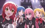  4girls :d absurdres black_shirt blonde_hair blue_hair bocchi_the_rock! bow bowtie bunny_ears_prank choppy_bangs closed_mouth commentary_request cup disposable_cup drinking drinking_straw embarrassed gotoh_hitori grin hair_between_eyes hair_ornament hairclip hand_up highres holding holding_cup ijichi_nijika kessoku_band kessoku_band_logo kessoku_band_t-shirt kita_ikuyo layered_sleeves long_bangs long_hair long_sleeves looking_at_viewer mole mole_under_eye multiple_girls nervous_smile official_alternate_costume one_eye_closed one_side_up open_mouth parallel_hairclips parted_bangs pink_hair polka_dot polka_dot_bow polka_dot_bowtie raised_inner_eyebrows red_bow red_bowtie red_eyes red_hair shirt short_hair short_over_long_sleeves short_sleeves side_ponytail signature smile straight_hair sweat t-shirt v yamada_ryo yellow_eyes yuber.x 