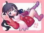  1girl artist_name black_eyes black_hair blush boots dawn_(pokemon) dress eyelashes highres long_hair looking_at_viewer open_mouth pink_background pink_boots pink_dress pink_shirt pink_shoes pink_sleeves pokemon pokemon_dppt pokemon_platinum sandora_(karugamo_no_e) scarf shirt shoes smile socks solo teeth watermark white_scarf white_socks 