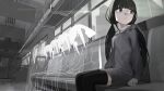  5girls absurdres basasyu black_eyes black_hair black_thighhighs closed_mouth commentary_request expressionless grey_hoodie highres hood hood_down hoodie lagtrain_(vocaloid) long_hair looking_to_the_side low_twintails multiple_girls multiple_persona no_pants open_clothes osage_(nukunuku_nigirimeshi) sitting thighhighs train_interior twintails vocaloid 