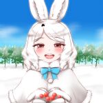  animal_ears arctic_hare_(kemono_friends) berry blue_bow blue_bowtie blush bow bowtie capelet commentary_request curly_hair fur_trim highres kemono_friends kemono_friends_3 looking_at_viewer mabuta_(mbt) open_mouth rabbit_ears rabbit_tail red_eyes short_hair smile tail white_capelet white_fur white_hair white_mittens 
