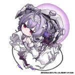  1girl ahoge blush breasts chibi closed_mouth crossed_bangs detached_sleeves floating_hair goddess_of_victory:_nikke hair_between_eyes hair_intakes highres liberalio_(nikke) light_frown machinery medium_hair no_nose official_art purple_hair red_eyes sleeves_past_fingers sleeves_past_wrists small_breasts solo totatokeke wide_sleeves 
