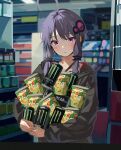  1girl ahoge black_jacket blush can closed_mouth commentary_request cup cup_ramen disposable_cup energy_drink highres hood hood_down hooded_jacket indoors jacket lamb_(hitsujiniku) long_hair long_sleeves looking_at_viewer monster_energy puffy_long_sleeves puffy_sleeves purple_eyes purple_hair solo upper_body vocaloid voiceroid yuzuki_yukari 
