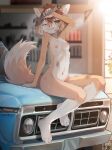 absurd_res anthro areola belly blue_car blush bodily_fluids breasts breath canid canine canis car detailed_background digital_media_(artwork) dirty domestic_dog female ford fur green_eyes hair hi_res janiskisa lagomorph looking_at_viewer mammal motor_vehicle navel nipples nude nude_anthro nude_female on_car on_hood pink_nipples sitting sitting_on_car sitting_on_vehicle small_breasts smile solo sweat sweatdrop tail vehicle wet white_body white_fur