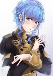  1girl bangs blue_hair blush braid brown_eyes buttons crown_braid epaulettes fire_emblem fire_emblem:_three_houses garreg_mach_monastery_uniform highres long_sleeves looking_away marianne_von_edmund short_hair short_hair_with_long_locks sidelocks simple_background solo sweat to_(tototo_tk) uniform 