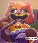 anthro blush blush_lines bodily_fluids canid canine canis catnap_(poppy_playtime) claws collar dogday_(poppy_playtime) domestic_cat domestic_dog duo felid feline felis fur half-closed_eyes hand_behind_head inside jewelry leash leash_pull leashed_collar leashed_male looking_at_viewer male male/male mammal mob_entertainment narrowed_eyes necklace nervous nervous_smile night orange_body orange_fur paws plant poppy_playtime purple_body purple_fur shrub smile smile_at_viewer smiling_critters speech_bubble sweat sweatdrop text tinky tongue tree url window yellow_body yellow_fur