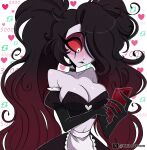  1girl apron bare_shoulders black_hair blush breasts cleavage colored_sclera english_commentary hazbin_hotel hellaverse highres holding holding_phone kaizervenom large_breasts long_hair multicolored_hair phone puffy_short_sleeves puffy_sleeves red_hair red_sclera roo_(hazbin_hotel) short_sleeves solo twintails two-tone_hair waist_apron white_apron white_eyes 