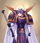  1girl absurdres alternate_costume armor armored_gloves blue_eyes breastplate chrispy_tuna crowbar eye_symbol fake_wings hair_ornament halo highres holding hololive hololive_english light_blush multicolored_hair ninomae_ina&#039;nis orange_hair parody power_armor purple_hair shoulder_armor simple_background space_marine takodachi_(ninomae_ina&#039;nis) virtual_youtuber warhammer_40k wings 