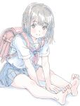  1girl arm_support backpack bag barefoot between_legs blue_sailor_collar blue_skirt blunt_bangs blush bow bowtie brown_eyes brown_hair closed_mouth dot_nose highres looking_at_viewer original parted_bangs pleated_skirt poranka_(porankaran) randoseru red_bow red_bowtie sailor_collar school_uniform serafuku shirt sidelocks simple_background sitting skirt smile solo white_background white_shirt 