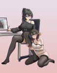  2girls absurdres alter_kamerade bare_arms bare_shoulders black_hair black_nails black_shirt black_thighhighs blue_hair blue_streaks bra_strap breasts brown_hair chair cleavage closed_mouth collarbone commentary commission fingernails full_body glasses gradient_background gradient_hair hair_between_eyes high_ponytail highres holding holding_another's_leg holding_pen huge_breasts legs looking_at_another midriff mole mole_under_mouth multicolored_hair multiple_girls nail_polish navel nipples no_shoes on_chair original panties parted_lips pen pink_background ponytail see-through_clothes see-through_shirt shirt sidelocks simple_background single_bare_shoulder sitting thighhighs thighs underwear white_background white_panties white_shirt 
