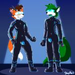 2_horns anthro black_bodysuit black_clothing black_latex black_skinsuit bodysuit boots brown_hair bulge canid cheek_tuft clothing davyboi drone dronesuit dronification duo ear_tuft facial_tuft footwear forced fur green_body green_fur green_hair hair hi_res horn hypnosis hypnotic_visor latex latex_bodysuit latex_clothing latex_skinsuit male mammal markings mind_control null_bulge orange_body orange_fur shoes skinsuit striped_ears striped_markings striped_tail stripes struggling tail tail_markings tail_tuft tight_clothing tuft visor