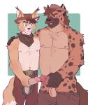 2024 anthro athletic athletic_anthro athletic_male balls belt bottomwear bottomwear_down brown_body brown_fur brown_hair canid canine chaps clothed clothing countershade_balls countershade_face countershade_genitalia countershade_torso countershading cowboy_hat duo erection facial_hair fennec_fox foreskin fox fur furgonomic_hat furgonomic_headwear furgonomics genitals gol1ath hair hat headgear headwear hi_res holding_penis humanoid_genitalia humanoid_penis hyena kerchief male male/male male_anthro mammal markings mature_anthro mature_male muscular muscular_anthro muscular_male mustache nipples pants pants_down partially_clothed penis penis_poking_out penis_through_fly simple_background smile spots spotted_body spotted_fur spotted_hyena tail tan_body tan_fur teeth topless topless_anthro topless_male true_fox