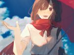  1girl bangs blue_sky blurry bow bowtie brown_eyes brown_hair cloud day depth_of_field enpera hair_between_eyes hair_ornament hairclip kagerou_project mekakucity_actors open_mouth outdoors red_bow red_bowtie red_scarf red_umbrella scarf school_uniform shirt short_sleeves shunu_tabetai sky smile solo sunlight tateyama_ayano teeth umbrella upper_body upper_teeth_only white_shirt 