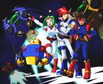  1990s_(style) 1girl 2boys brown_hair buster_(radiant_silvergun) commentary_request creator crossed_arms danmakuman dated english_commentary fake_antennae fanny_pack full_body green_hair guy_(radiant_silvergun) hairband hand_on_another&#039;s_arm hands_on_own_hips highres leg_up lineup looking_ahead mecha_pilot_suit mixed-language_commentary multiple_boys one_eye_closed outstretched_arm pointing popped_collar radiant_silvergun reanna red_hair red_hairband retro_artstyle robot rocket signature silvergun_(ship) smile space spacecraft spiked_hair standing standing_on_one_leg star_(sky) 