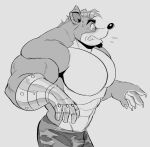  abs activision anthro bandicoot bottomwear clothed clothing crash_bandicoot_(series) crunch_bandicoot facial_hair fur hi_res male mammal marsupial muscular muscular_male polartoons simple_background solo thebluebear27 topless topless_male 