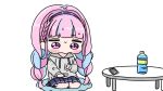  1girl blue_hair blue_skirt bottle braid cellphone chibi commentary_request drawstring grey_hoodie hairband highres hololive hood hood_down hoodie long_hair long_sleeves low_twintails minato_aqua mochimiko multicolored_hair phone pink_hair pleated_skirt puffy_long_sleeves puffy_sleeves purple_eyes purple_hairband seiza simple_background sitting skirt solo table trembling twin_braids twintails two-tone_hair very_long_hair virtual_youtuber water water_bottle white_background yurie_mouth 