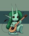 beady_eyes big_hair black_eyes bluesparrow breasts eyelashes facial_markings female front_view genitals green_background green_body green_hair green_horn green_skin hair head_markings hi_res holding_musical_instrument holding_object horn horned_humanoid humanoid humanoid_pointy_ears imp long_hair markings musical_instrument nude pointy_ears simple_background sitting smile solo tail tail_tuft tailed_humanoid thick_thighs tuft vulva wide_hips