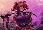  1girl apapo bangs breasts cleavage coin gradient_sky hair_bobbles hair_ornament highres holding holding_scythe light_particles looking_at_viewer obi one-hour_drawing_challenge onozuka_komachi outdoors red_eyes red_hair sash scythe short_sleeves sky smile solo touhou two_side_up upper_body 