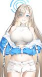  absurdly_long_hair absurdres alternate_costume arucoro asuna_(blue_archive) bangs bare_shoulders blue_archive blue_eyes blue_jacket breasts casual crop_top grin hair_over_one_eye hands_in_pockets highres jacket jacket_partially_removed large_breasts light_brown_hair long_hair midriff navel off_shoulder partially_unzipped shirt short_shorts shorts simple_background sleeveless sleeveless_shirt sleeveless_turtleneck_crop_top smile strap swept_bangs teeth thigh_gap turtleneck turtleneck_crop_top upper_teeth_only very_long_hair white_background white_shirt white_shorts 