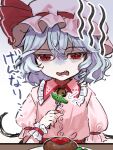  1girl absurdres aorin_oekaki bat_wings bell_pepper blue_hair check_translation collared_shirt commentary_request fang fork frilled_shirt_collar frills green_bell_pepper hamburger_steak hat hat_ribbon highres holding holding_fork mob_cap open_mouth pink_hat pink_shirt puffy_short_sleeves puffy_sleeves red_eyes red_nails remilia_scarlet ribbon shirt short_sleeves solo touhou translation_request wings wrist_cuffs 