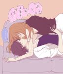  ... 2girls black_hair black_shirt blush brown_hair commentary_request couch eye_contact hand_on_another&#039;s_waist hazuki_ruri highres long_hair looking_at_another multiple_girls on_couch orange_background original parted_lips shirt short_hair skirt speech_bubble spoken_ellipsis sweat translation_request trembling white_shirt white_skirt yuri 