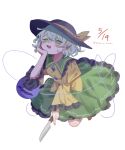  1girl :d absurdres black_hat bow buttons collared_shirt diamond_button eyeball frilled_shirt_collar frilled_skirt frilled_sleeves frills green_eyes green_hair green_skirt hashtag-only_commentary hat hat_bow hat_ribbon highres holding holding_knife knife koishi_day komeiji_koishi long_sleeves looking_at_viewer misoice_ramen open_mouth ribbon shirt short_hair simple_background skirt smile solo third-party_source third_eye touhou twitter_username white_background wide_sleeves yellow_bow yellow_ribbon yellow_shirt 
