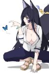  1girl animal_ears black_hair black_pants blue_butterfly breasts bug butterfly delta_(kagejitsu) highres kage_no_jitsuryokusha_ni_naritakute! kawakami_ichiten large_breasts long_hair pants purple_eyes shirt simple_background solo squatting tail white_background white_shirt wolf_ears wolf_girl wolf_tail 