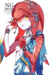  1girl breasts colored_skin fins fish_girl hair_ornament highres jewelry long_hair looking_at_viewer mipha monster_girl multicolored_skin no_eyebrows pointy_ears red_hair red_skin simple_background small_breasts smile solo the_legend_of_zelda the_legend_of_zelda:_breath_of_the_wild tuki_0427 watermark yellow_eyes zora 