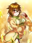  1girl arm_under_breasts aussa_(yu-gi-oh!) aussa_the_earth_charmer black_shorts blush brown_cloak brown_eyes brown_hair cloak closed_mouth cowboy_shot duel_monster gem glasses green_sweater highres p-b-c_(dark_matter_kakine) short_hair shorts simple_background smile solo sweater yu-gi-oh! 