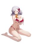  1girl absurdres barefoot bikini bow breasts chinese_commentary cleavage commentary feet food frilled_bikini frills girls'_frontline girls'_frontline_2:_exilium grey_hair hair_bow highres large_breasts medium_hair momo_anzu mouth_hold multicolored_bikini navel official_alternate_costume one_eye_closed pizza pizza_slice red_bikini red_bow red_eyes sabrina_(girls'_frontline_2) sabrina_(strawberry_zabaione)_(girls'_frontline_2) side-tie_bikini_bottom simple_background solo spas-12_(girls'_frontline) swimsuit two-tone_bikini white_background white_bikini 