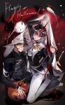  2boys :d animal bandaged_hand bandaged_head bandages bat_wings belt_collar biyoo_(omniscient_reader&#039;s_viewpoint) black_coat black_hair black_vest blood blood_from_forehead blood_on_face bow bowtie brown_eyes cloak cloak_lift coat collar cross_pendant demon_horns full_body happy_halloween highres horns kim_dokja looking_at_viewer male_focus multiple_boys omniscient_reader&#039;s_viewpoint pumpkin rc_dec red_wings seiza shirt short_hair sitting sitting_on_lap sitting_on_person smile spread_fingers twisted_torso vest white_cloak white_shirt wings yoo_joonghyuk 