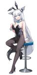  1girl :d absurdres ahoge animal_ear_hairband animal_ear_piercing animal_ears aqua_bow aqua_bowtie aqua_eyes arm_support bare_shoulders black_leotard bow bowtie breasts cleavage commentary covered_navel deaver detached_collar double-parted_bangs fake_animal_ears fox_ears fox_girl fox_tail full_body hair_between_eyes hairband hand_up highleg highleg_leotard highres hololive leotard long_hair looking_at_viewer on_stool pantyhose pentagram playboy_bunny rabbit_ear_hairband rabbit_ears revision shirakami_fubuki sidelocks simple_background sitting smile solo strapless strapless_leotard tail traditional_bowtie very_long_hair virtual_youtuber white_background white_hair white_wrist_cuffs wrist_cuffs 