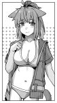  1girl absurdres animal_ears arknights bangs bikini bikini_under_clothes blunt_bangs blush breasts cat_ears cat_tail cleavage closed_mouth collarbone cowboy_shot greyscale highres jacket jessica_(arknights) kumamu long_hair looking_at_viewer monochrome navel open_clothes open_jacket photoshop_(medium) ponytail short_sleeves smile solo stomach swimsuit tail 