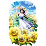  1girl artist_request black_hair blue_dress blue_ribbon blue_sky blunt_bangs blunt_ends breasts cloud cloudy_sky collarbone day dress eyelashes field floating_hair flower flower_field frilled_dress frills frown full_body game_cg glass_(tate_no_yuusha_no_nariagari) hand_on_headwear hands_up hat hat_flower hat_ribbon long_dress long_hair looking_at_viewer official_art outdoors red_eyes ribbon see-through_clothes see-through_sleeves short_sleeves simple_background sky small_breasts solo sparkle standing straight_hair sun_hat sundress sunflower sunflower_field sunlight tate_no_yuusha_no_nariagari tate_no_yuusha_no_nariagari_rerise transparent_background two-tone_dress v-shaped_eyebrows white_dress 