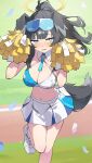  1girl absurdres animal_ears black_hair blue_archive blue_eyes blush breasts bright_pupils cheerleader chinese_commentary cleavage commentary crop_top dog_ears dog_girl dog_tail eyewear_on_head goggles goggles_on_head halo hibiki_(blue_archive) hibiki_(cheer_squad)_(blue_archive) highres holding holding_pom_poms kaminari_(edeath) large_breasts long_hair looking_at_viewer medium_breasts midriff millennium_cheerleader_outfit_(blue_archive) navel official_alternate_costume open_mouth outdoors pom_pom_(cheerleading) ponytail shoes skirt sneakers solo standing standing_on_one_leg star_(symbol) star_sticker sticker sticker_on_face tail white_shoes white_skirt yellow_halo 