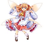  1girl :d ascot black_shoes blue_eyes dress fairy full_body highres long_hair looking_at_viewer non-web_source open_clothes orange_hair pointing red_dress rotte_(1109) shoes simple_background smile socks solo sunny_milk touhou touhou_lostword two_side_up very_long_hair white_background white_socks wings yellow_ascot 
