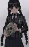  1girl addams_family animification bangs black_eyes black_hair black_nails braid highres jourd4n long_hair looking_at_viewer nail_polish nevermore_academy_school_uniform school_uniform shirt simple_background solo twin_braids wednesday_(netflix) wednesday_addams 