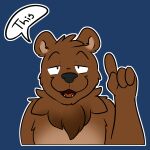  2023 4_fingers anthro bear bearphones blue_background brown_bear brown_body brown_fur english_text fingers front_view fur gesture grizzly_bear hi_res male mammal neck_tuft open_mouth outline peperott pointing pointing_up reaction_image simple_background solo speech_bubble text tuft ursine white_outline 