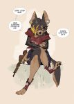 3_toes anthro black_pawpads blonde_highlights bottomwear brown_body brown_hair brown_skin canid canine claws clothing crop_top crossed_legs denim denim_bottomwear denim_clothing denim_shorts digital_drawing_(artwork) digital_media_(artwork) eyebrows_(marking) feet female filipino finger_claws fishnet_clothing fishnet_topwear footwear fur hair hair_over_eye head_tuft highlights_(coloring) light_body light_skin long_sleeves long_tail looking_at_viewer mammal multicolored_body multicolored_fur on_wall orange_eyes pawpads paws philippines pointy_ears ruffu shirt shoes shorts simple_background sitting smile snout soles solo speech_bubble tail text toe_claws toeless_footwear toeless_shoes toes topwear toy toy_gun tsi_(ruffu) tuft tunnel_piercing two_tone_body two_tone_fur