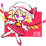  1girl artist_name ascot blonde_hair chibi chibi_only clenched_teeth commentary crystal_wings flandre_scarlet frown full_body hat highres looking_at_viewer mob_cap purple_eyes red_shirt red_skirt shirt short_hair skirt solo symbol-only_commentary teeth touhou tsuru_(nekopanchi) v-shaped_eyebrows white_hat wings yellow_ascot 