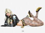  1girl black_gloves black_jacket black_lips black_pantyhose blonde_hair breasts earrings emma_frost emma_frost_(x-revolution) gloves high_heels highres jacket jewelry lace_pantyhose lace_pantyhose_hooked_on_heel_(meme) long_hair looking_at_viewer lying marvel marvel_rivals meme official_alternate_costume on_stomach pantyhose rkreates simple_background solo white_background 